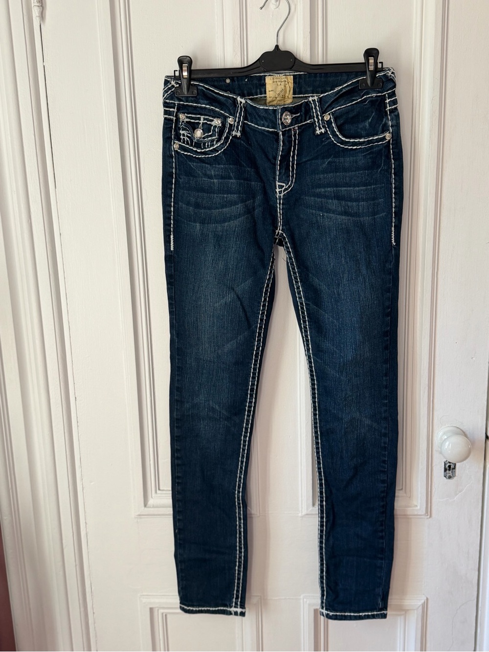 Women’s La Idol USA Dark Wash Rhinestone Embroidered Denim Jeans Size 11 33x31